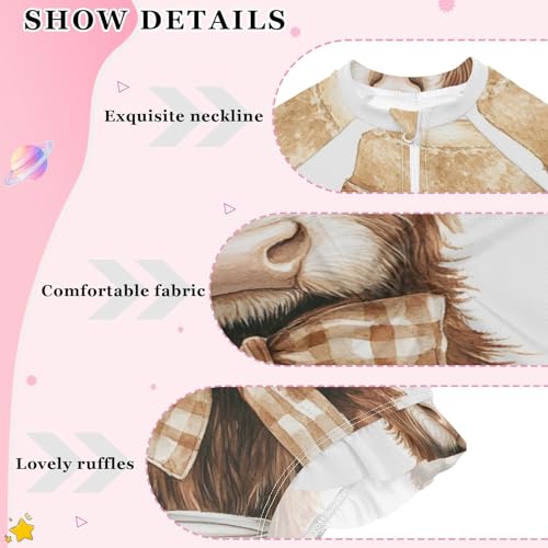Highland Cow with Sunflower Girls Long Sleeve Swimsuit Rash Guard One Piece Bathing Suits Zipper 3-12T4