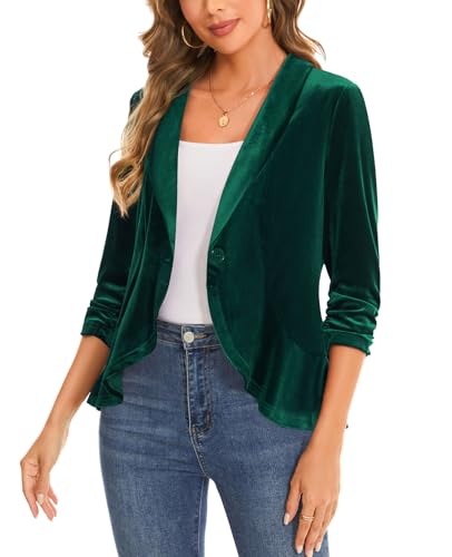 MINTLIMIT Women's Velvet Blazer Ruched 3/4 Sleeve Shawl Lapel Button Front Ruffle Tailored Cardigan Suit Jacket Blazer3