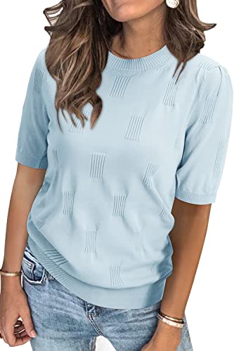 Image of Arach&Cloz Women's Short Sleeve Crew Neck Sweaters Trendy Teacher Work Tops
