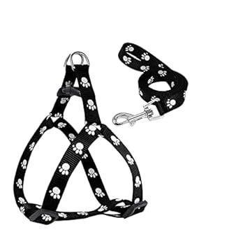 Woofy Adjustable Soft Nylon Paw Printed Strip Harness & Leash Set for All Breeds Dogs, Cat and Puppies - Black