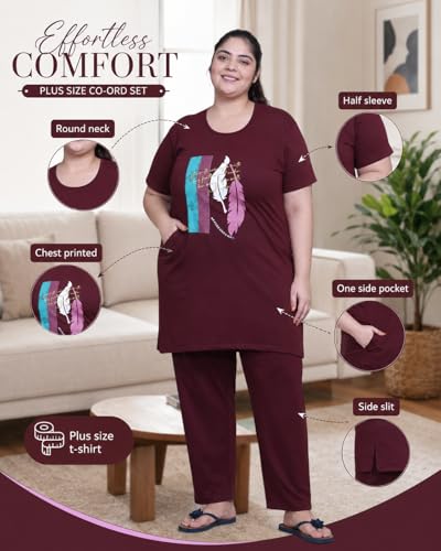 Image of In Love Women Cotton Regular Fit Plus Size Long-Line Chest Print T-Shirt with Pocket