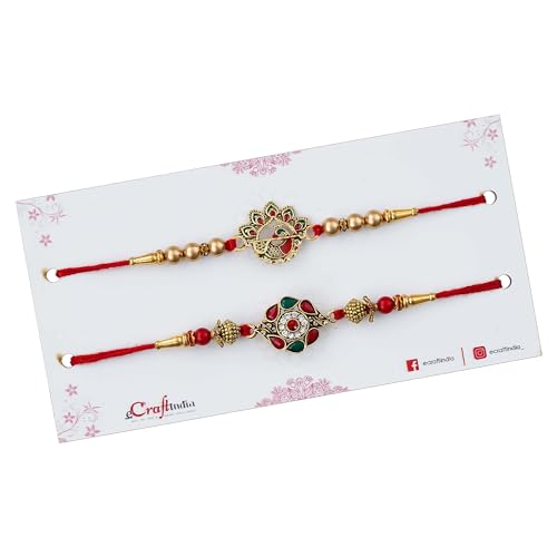 Image of eCraftIndia Set of 2 Kundan Beads Beautiful Peacock Designer Rakhis with Roli Chawal Pack