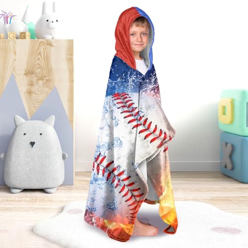 Image of Baseball Boys Beach Towel with Hoodie for Kids Toddlers Age 4-8,Sports Baseball Blue Bath Towels Shower Wrap for Boys, Hooded Poncho Beach Blanket for Pool Swimming Cute Wearable Bath Towel for Child