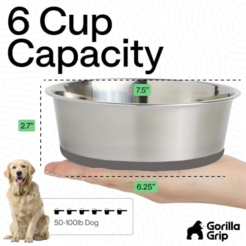 Image of GORILLA GRIP Dog Bowls, Food Grade 304 Stainless Steel, Holds 6 Cups Each (48 fl oz) Food and Water Bowl for Feeding Dogs and Cats, Dishwasher Safe, Rust Resistant, BPA Free Rubber Base Set of 2 Gray