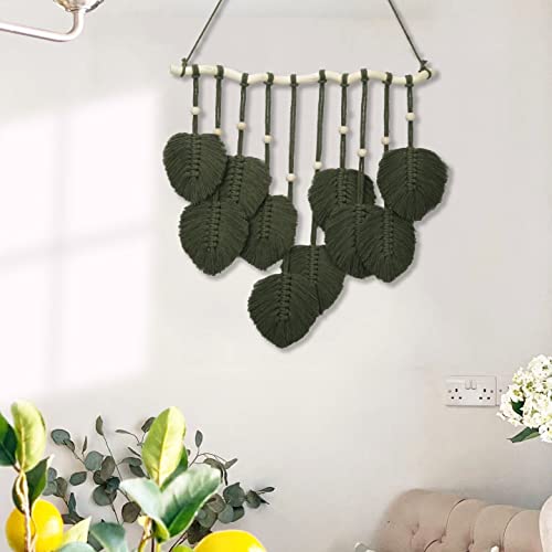 Losour Boho Wall Decor-Handmade Green Leaves Macrame Wall Hanging, Farmhouse Macrame Feather Wall Decor, Wall Art, Boho Nursery Decor For Room Decor (10 Leaf, Solid Green Color) #TOP3