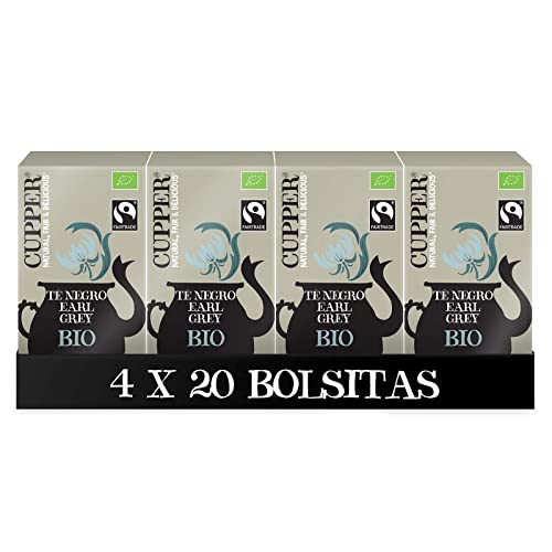 Cupper - Pack de 4 Cajas de 20 Bolsitas de Té Negro Ecológico Early Grey - Propiedades Estimulantes - Con un Toque Cítrico a Bergamota - Apto para Veganos