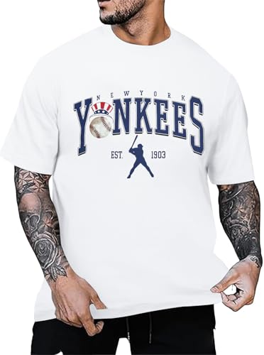 BANGELY Baseball Shirts Men Game Day Baseball Fan Shirt Vintage Sports Team Graphic tees Casual Crewneck Short Sleeve Tops White