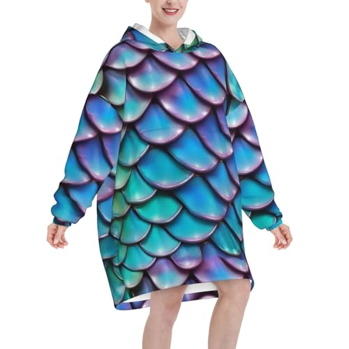 Couverture à capuche avec imprimé écailles bleues, idée cadeau cocooning originale - 2