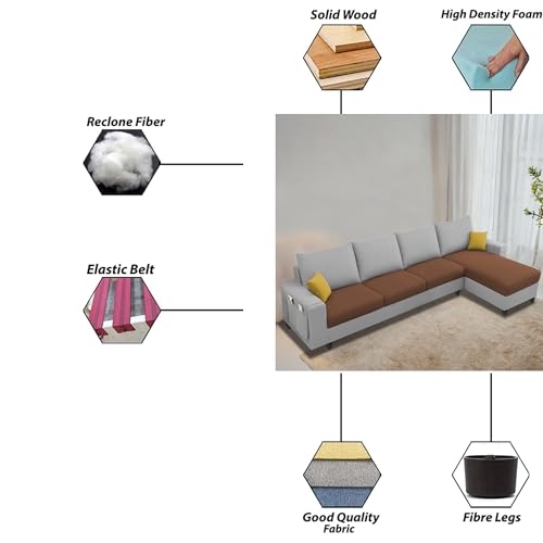 Image of Casaliving Porto RHS 4 Seater L Shape Sofa Set for Living Room (Brown Grey Fabric) Premium Velvet Fabric Sofa Set
