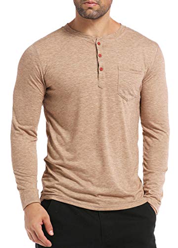 BABEIYXM Men's Henley Long Sleeve Shirts Soild Tee Shirts Front Pocket Tops Basic T-Shirts,Khaki,XXL