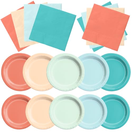 Image of CMUSKO Beach Theme Party Decorations - 150pcs Aqua Blue Coral Pastel Plates and Napkins Luau Hawaiian Tropical Teal Blue Tableware Serves 50 for Birthday,Baby Shower