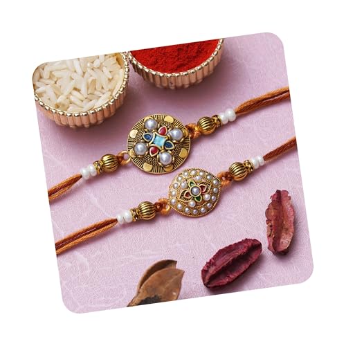 Image of eCraftIndia Set of 2 Green & Golden Shri Krishna and Radha Krishna Playing Flute Designer Religious Rakhis | Roli Chawal Pack | Rakhi for Brother