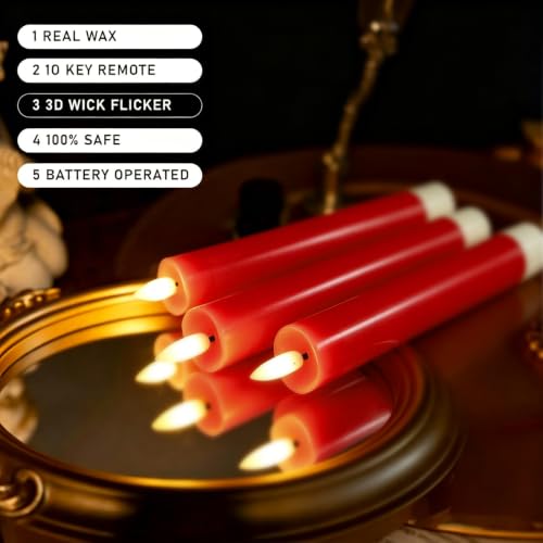 Image of KSWING Upgraded Real Wax Short LED Flameless Taper Candles with Remote, 6 Inch Red Candlesticks Battery Operated 3D Flickering - 6 inch Realistic Fake Candle Sticks for Home /Wedding /Fireplace Xmas Decor