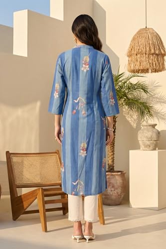 Image of W for Woman Colour Block Floral Printed Pure Cotton Straight Kurta