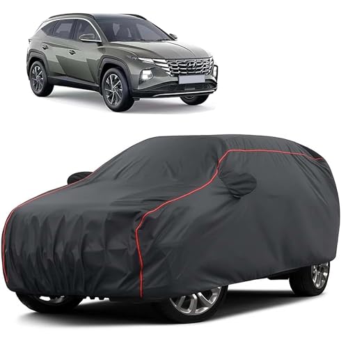 Image of Sulfar 100% Water Resistant Car Body Cover Compatible with Mirror for Hyundai Tucson (Triple Stitched, Full Bottom Elastic, Dark Grey Taffeta with Red Piping)