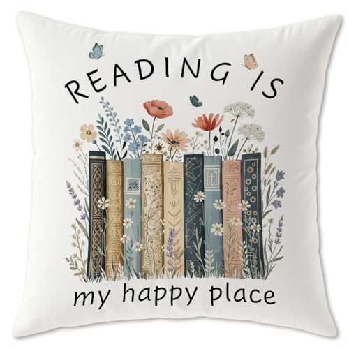 Image of Floar Book Lover Reader Gifts Pillow Covers, Bookish Bookworm Gifts, Reading is My Happy Place Book Pillow Cover Gifts for Women 18x18,Book Nook Decor,Reading Pillow for Kids