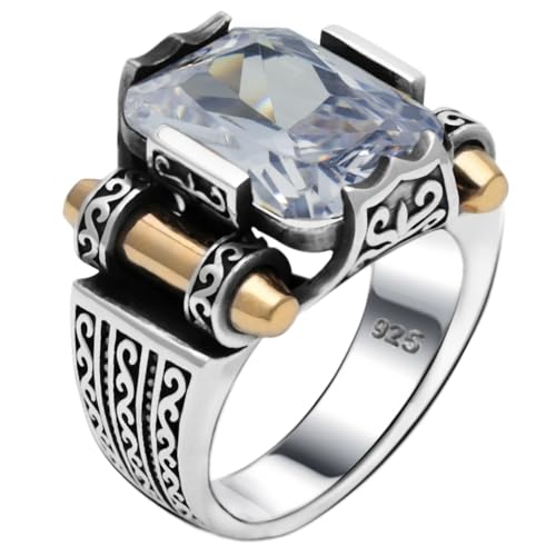 Genuine Solid 925 Sterling Silver Ring for Men, Accented with Bronze, Simulated Faceted Diamond Stone, Vintage Turkish Ottoman Style (Simulated White Diamond, 9)