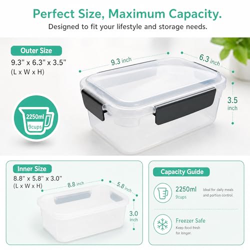 Image of YORY 9 cup Plastic Food Storage Containers with Lids Nestable Freezer Dishwasher Safe Rectangle Meal Prep Container Set,5-Pack