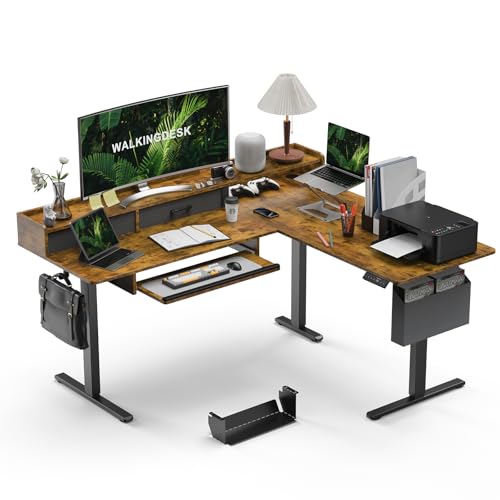Image of WALKINGDESK 63 Inches L Shaped Standing Desk with Keyboard Tray and 2 Drawers, L Shaped Electric Standing Desk, Adjustable L Shaped Office Desk,Corner Standing Desk for Home Office, Rustic Brown