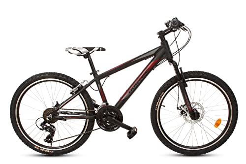 24 Zoll Alu Aluminium Kinderfahrrad Kinder Mädchen Jungen Jugend MTB Fahrrad Mountainbike 18 Gang Bike Rad Gabelfederung Federgabel Hardtail Disk Scheibenbremse Highflyer Schwarz BORDO R012862