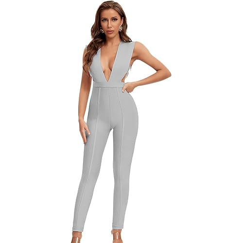 HLBandage Deep V Neck Sexy Rayon Clubware Bandage Jumpsuit Bodycon Romper Pants