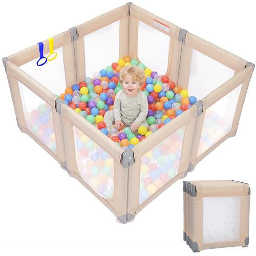 Image of Foldable Baby Playpen, 47 inchx49 inch Collapsible Play Pen for Babies Toddlers, 360 Vision Mesh Play Yard with Zipper Gate, Adjustable Shape Safety Baby Fence with Handles, Portable Indoor Outdoor, Khaki