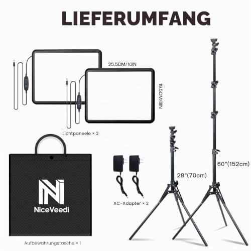 2-Pack Fotografie Beleuchtung Kit, NiceVeedi 25W LED Video Licht Kit, 2900-7000K Dimmbare Studio Licht mit Stativständer und Ladegerät, 185cm Stream Licht für Videoaufnahme, Schießen, YouTube