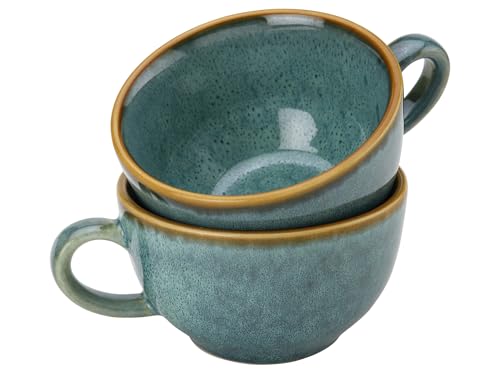 Image of Bodhi House Ceramic Soup and Coffee Wide Large Mug with Handle - Set of 2, 250 Ml Glossy Finish | Microwave Safe | for Maggi, Cappuccino, Latte, Green Tea - Ocean Green