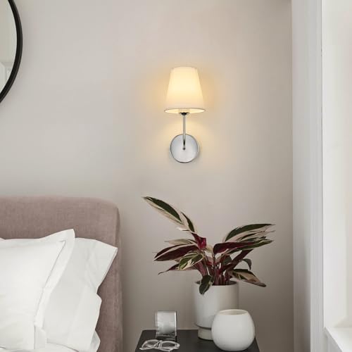 Image of Modern Hardwired Wall Sconces, Set of 2 in Chrome with White Fabric Shades,Farmhouse Light, Living Room, Hallway, Bathroom, Vanity, or Staircase. Sleek, Versatile Lighting