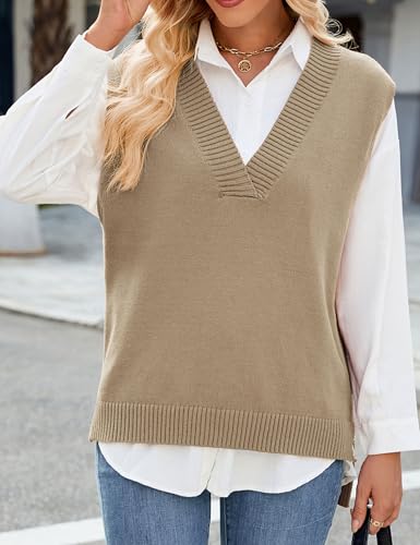 Image of Zontroldy Women's 2025 Lightweight V-Neck Knit Sweater Vest Sleeveless Ribbed Casual Tank Top Spring Business Casual Pullover