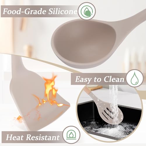 11 Pezzi Set Utensili Cucina Silicone, Set di Utensili da Cucina con Porta Utensili, Mestoli Cucina Silicone Antiaderente con Manico in Legno, Pentole, Set Mestoli Cucina Resistenti al Calore - immagine 5