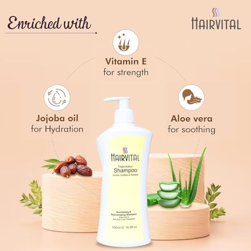 Image of Hairvital Triple Action Shampoo 500 ml (Pack of 6) | Anti Hair Fall Shampoo for Men & Women | With Aloe Vera, Wheat Germ Oil & Vitamins | Nourishing, Cleansing & Revitalizing for Dry & Weak Hair