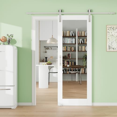 Image of 32 inch x 80 inch Presembled Barn Door with 72 inch Track Kit, Top 6-Lites Clear Glass Bottom MDF Solid Core Panel Sliding Barn Door for Closet Kitchen Bedroom Pantry, Nickel-Plated Hardware Kit, Easy to Install