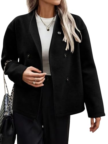 chouyatou Women's Winter Loose Fit Cropped Wool Coat Button Down Dressy Short Blazer Jacket Trench Coat (XX-Large,Black)