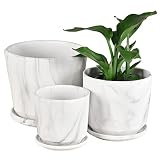 Qzwenxun Ceramic Plant Pots 8.6+7+5.5 Inch Marble Pattern Planters with Drainage Hole and Saucer Flo