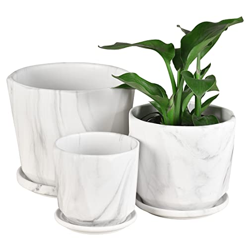 Qzwenxun Ceramic Plant Pots 8.6+7+5.5 Inch Marble Pattern Planters With Drainage Hole And Saucer Flower Pots For Indoor Plants, Set Of 3(Whitegray) #TOP4