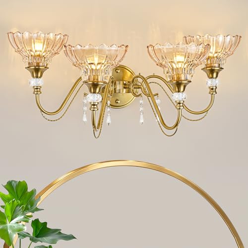 Image of Vintage Bathroom Vanity Light, 4-Light Brushed Gold Finish Wall Sconce with Hanging Crystal Accents and Flower-Shaped Amber Glass Shades, Retro Wall Mount Vanity Light Over Mirror for Bathroom