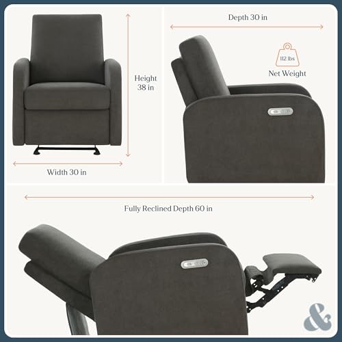 Image of Nurture& The Porto Power Glider Recliner for Nursery | Modern Glider Chair with Power Recline | Built - in USB Charging Port | Space-Saving Design for Small Nurseries and Shared Spaces, Charcoal