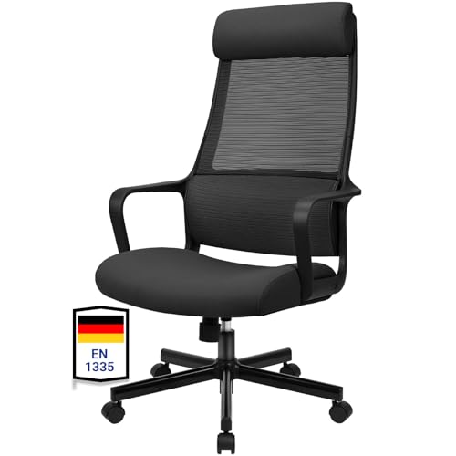 MELOKEA Schreibtischstuhl: Bürostuhl Ergonomisch - Drehstuhl Wippfunktion hat Verstellbarer Lordosenstütze | Kopfstütze | Armlehne | Höhenverstellung | Hoher Rückenschonend Chefsessel Schwarz
