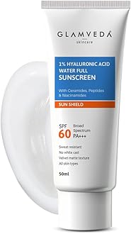 Glamveda Ultra-Light SPF 60 PA+++ Sunscreen 50 ml | Water-Full Hydration with 1% Hyaluronic Acid, Ceramides, Peptides & Niacinamide | Broad Spectrum | Anti-Aging, No White Cast, All Skin Types