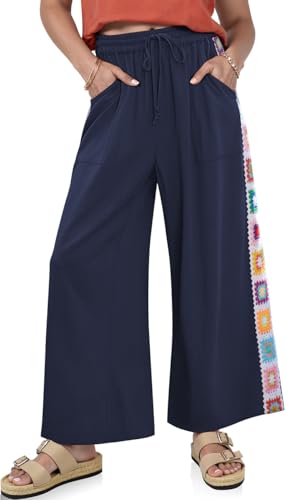 Image of TARSE Womens Wide Leg Linen Pants Summer Casual Drawstring Loose Lounge Palazzo Crochet Panel Pant with Pocket