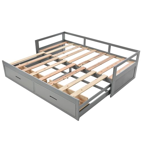 Idemon Sofá cama extensible 90/180 x 200 cm con cajones y somieres, cama de pino con espacio de almacenamiento (gris)