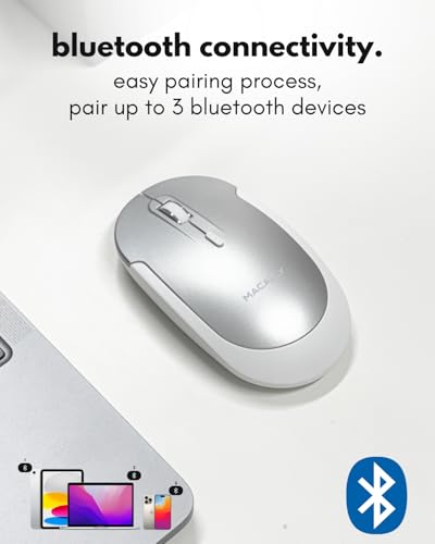 Image of Macally Wireless Bluetooth Mouse for Mac, MacBook Pro /Air, iPad, and PC - Comfortable and Quiet Compatible Wireless Apple Mouse - Rechargeable Battery - Silver