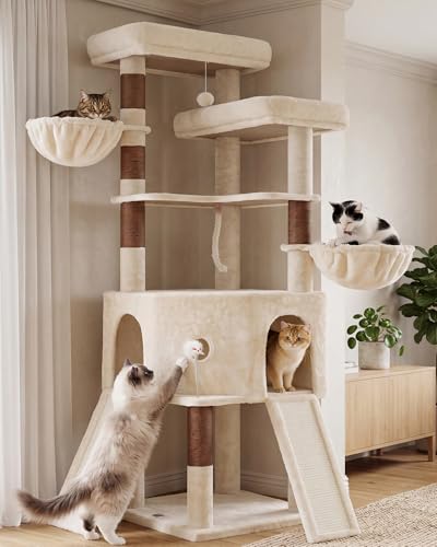 Torre para gatos Vibrissia 68 pulgadas beige con dos plataformas grandes miniatura 1