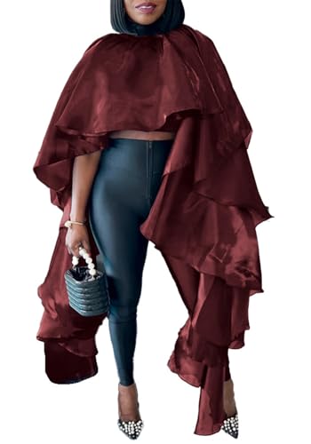 Lucuna Women's Sexy Satin Ruffle Shawl Wraps Pull On Asymmetrical Swing Flowy Trendy Smocked Cape Poncho Shirt