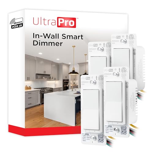 UltraPro Z-Wave Plus Long Range in-Wall Smart Dimmer for Smart Home Automation, 4 Pack, Plastic Yoke, Flying Leads, Single-Pole/3-Way, Hub Required, 76607