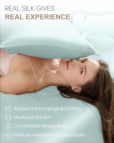 Image of THXSILK Set of 2 100% Mulberry Silk Pillowcase for Hair and Skin Health, 22 Momme Soft and Smooth Pillowcases with Hidden Zipper, Both Sides Premium Grade 6A+ Silk, Standard 20 inchx26 inch, Light Blue
