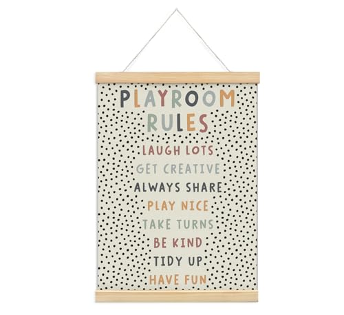 Playroom Kids Tollder Room Wall Decor Play Room Rules Wall Decor for Kids Play Game Room Bedroom Nursery Home School Playroom Essentials Canvas Hanging Banner Wood Poster Frameds 12x16 Inch