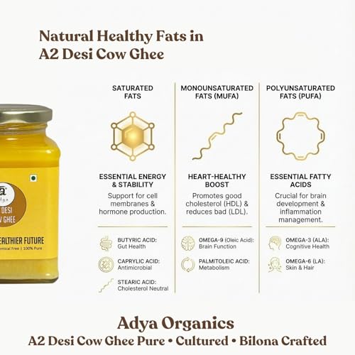 Image of Adya Organics A2 Ghee - 100% Pure Desi Cow Ghee, Chemical Free, Cultured. Bilona Method, Rich in Healthy Fats, Ideal for Cooking & Spreading, 400ml