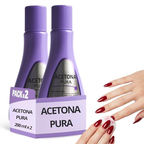 Quitaesmalte con acetona pura, Especial para eliminar esmaltes permanentes y restos de porcelana o gel en las uñas, De fácil aplicación, no deja residuos, Contiene 2 botes de 200 ml